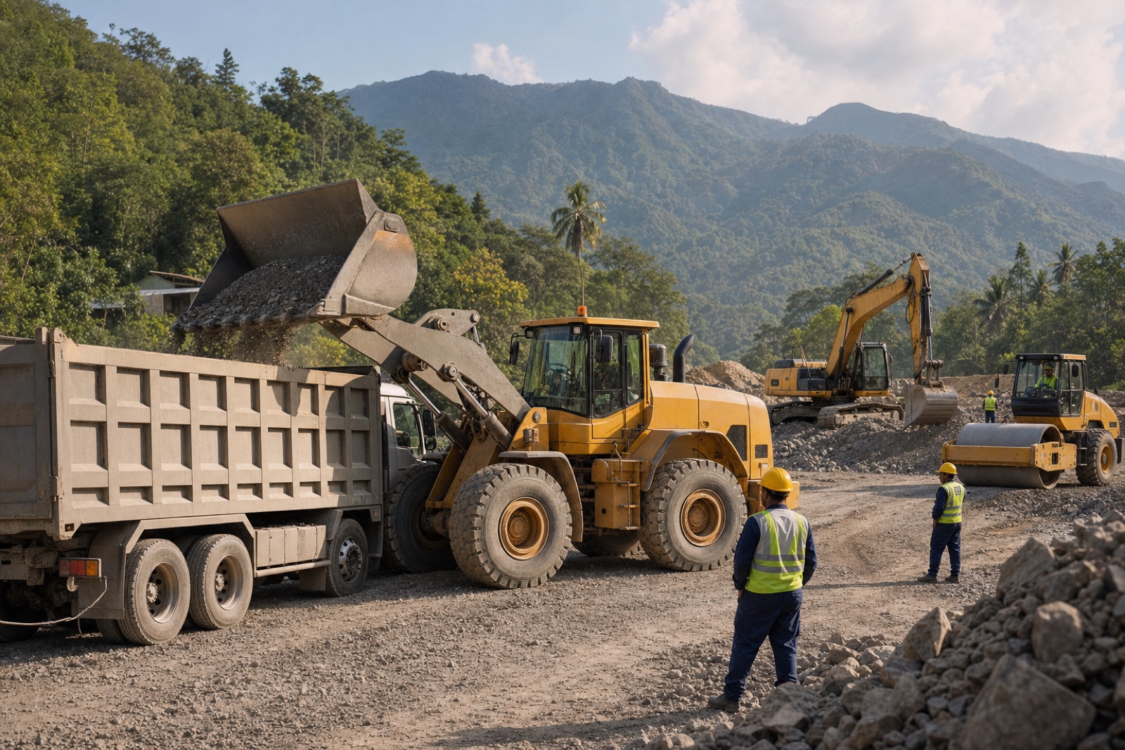 Loader, excavator, roller, and dump truck at a work site