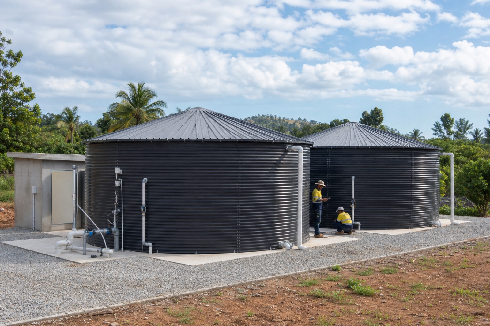 Large corrugated steel water tanks at a completed installation