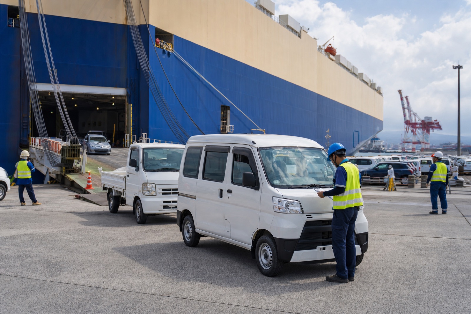 Utility vehicles being prepared for international shipment
